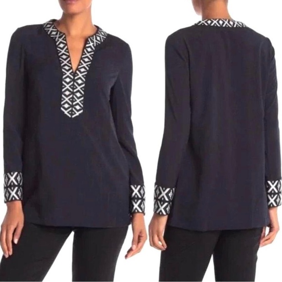 Tory Burch Ariana Tribal Embroidered Navy Tunic Size 0 EUC - Picture 10 of 11